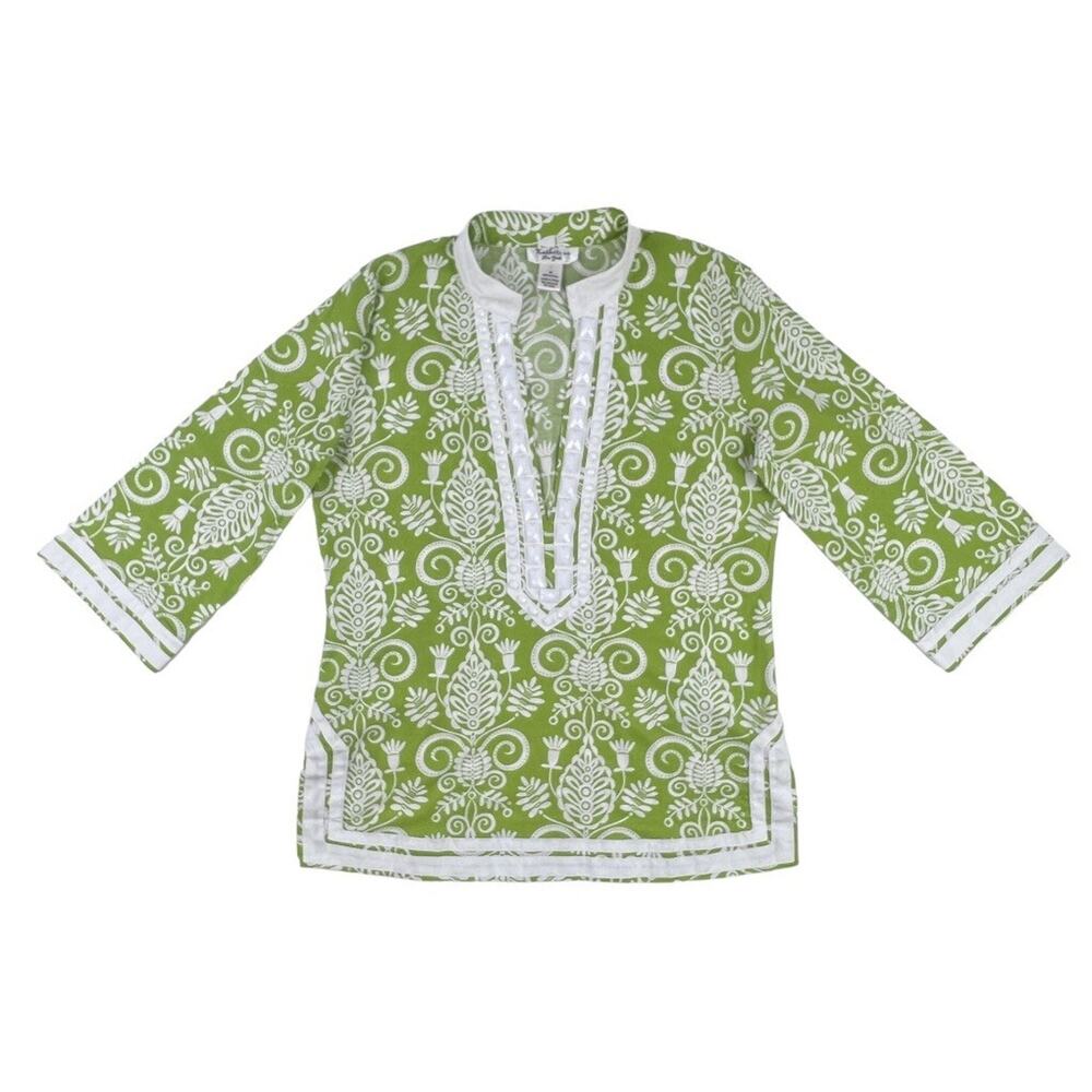 Katherine Tunic Boho Top Lilly Green White Trim Resort Blouse 3/4 Sleeve M